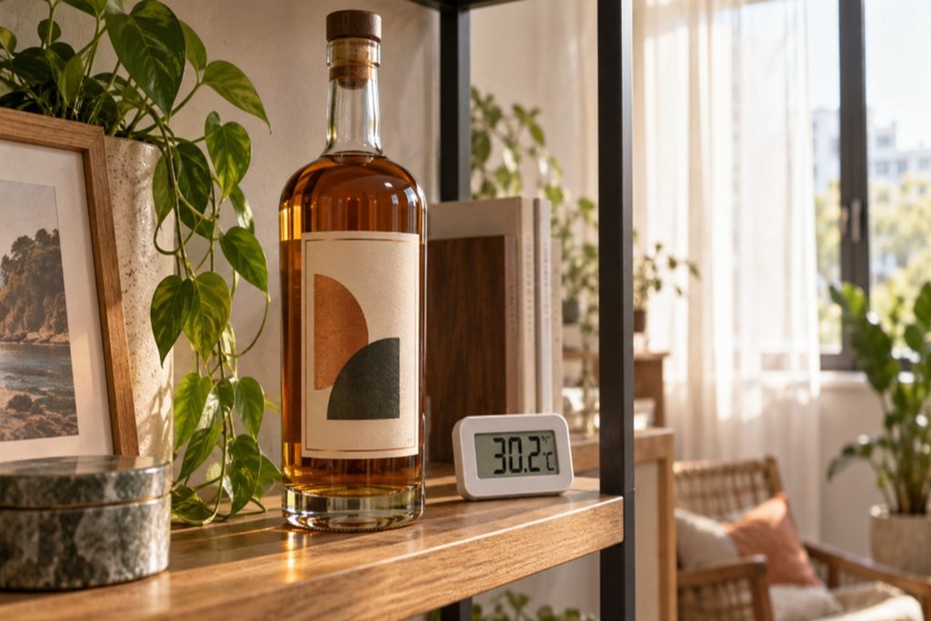 室温が30度を超えた室内に置かれたウイスキーボトル